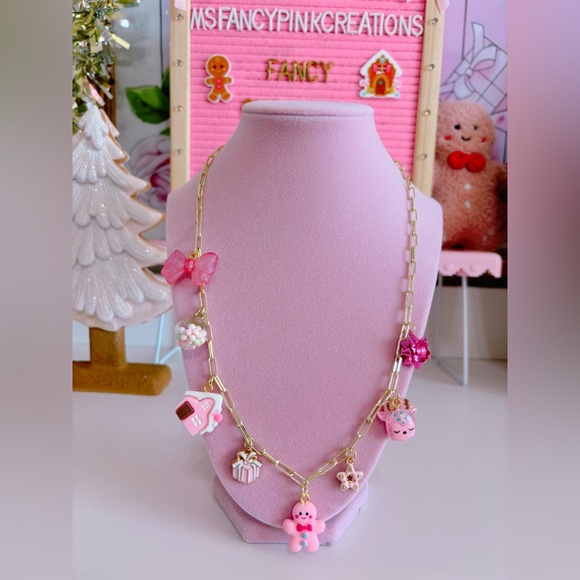14k Gold Plated Dreaming of a Pink Christmas Charm Necklace - Picture 2 of 2